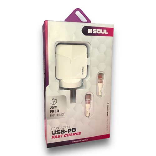 CARGADOR CELU C/CABLE SOUL USB-C/USB-C 1USB 20W 3A