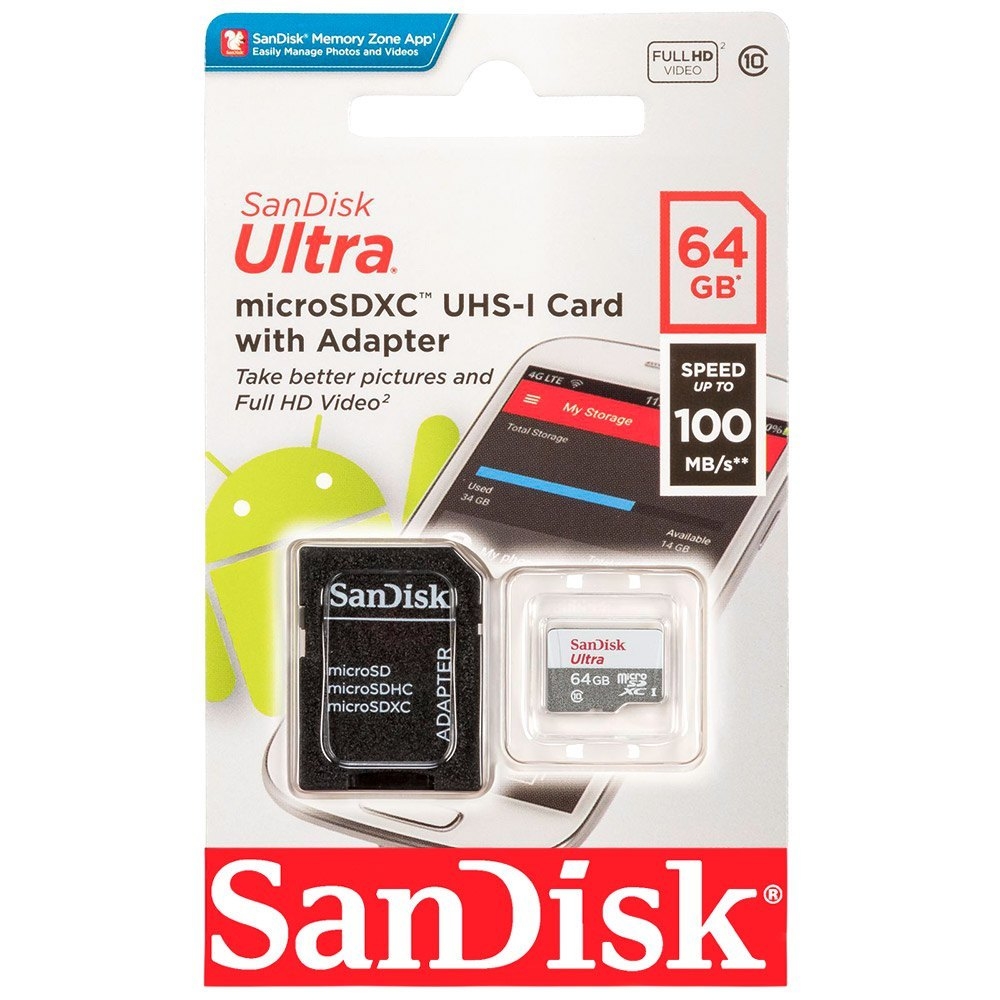 MICRO SD 64GB SANDISK ULTRA C/ADAP. CL10 FULL HD
